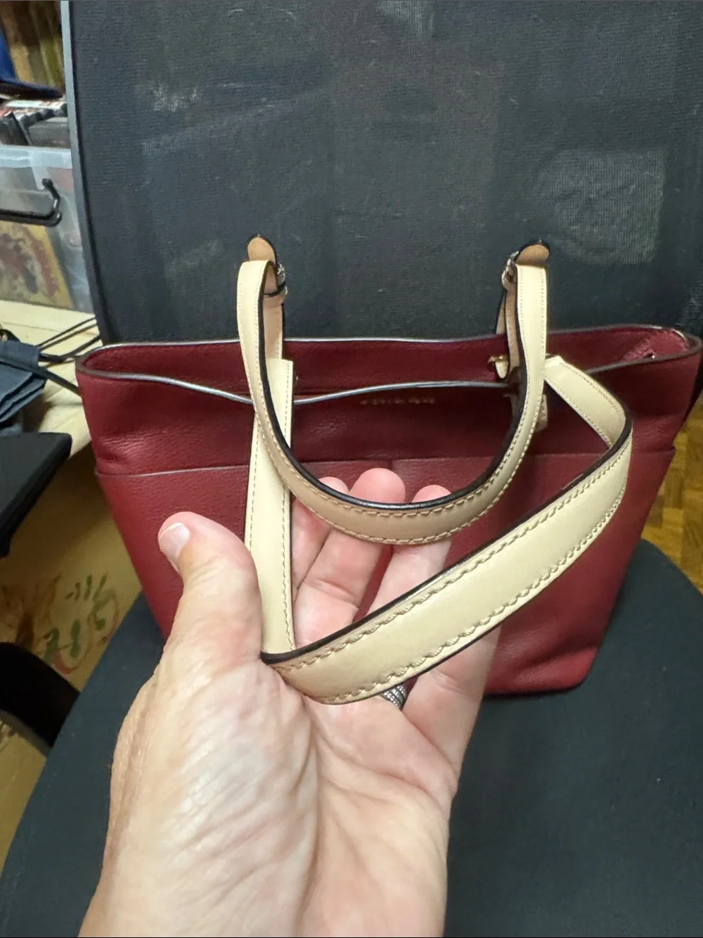 Michael Kors Bedford Red Pebbled Leather Tote with Beige Handles